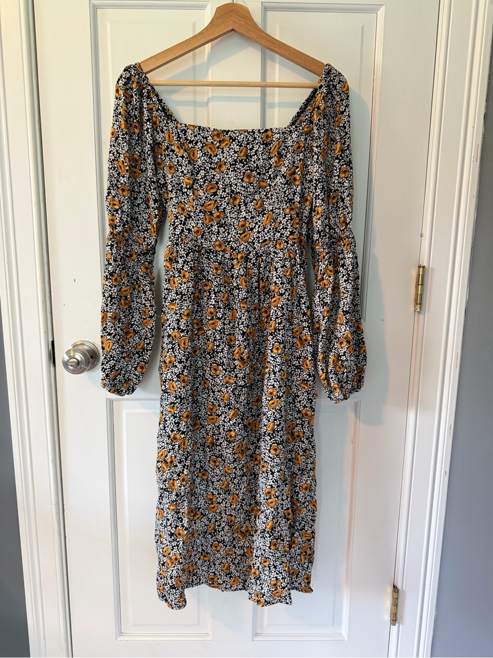 Lost + Wander Black Midi Dress with Mustard Floral Print